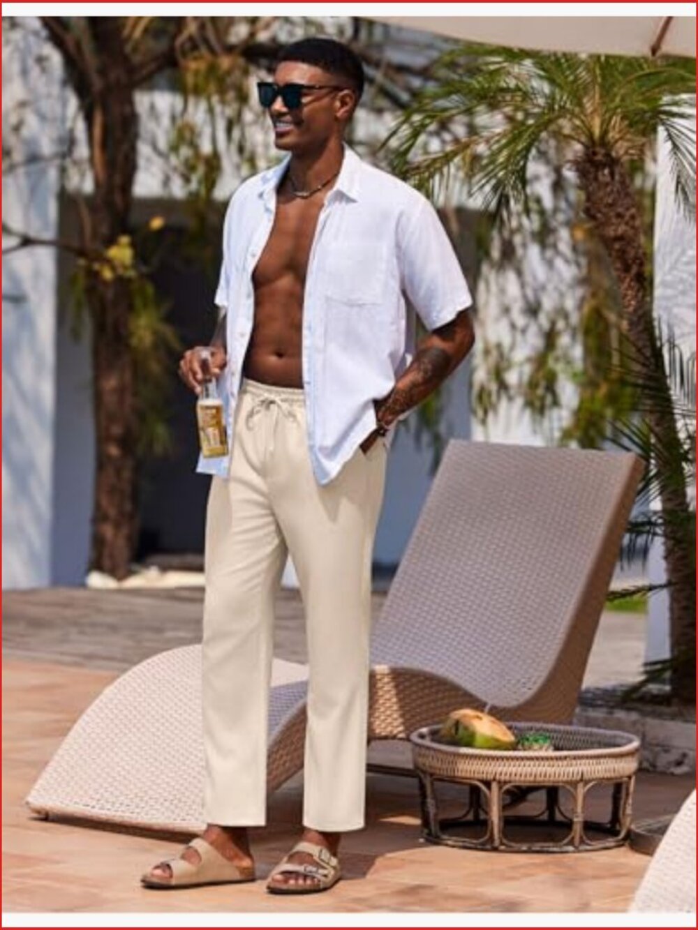 Mens Linen Casual Pants Lightweight Drawstring Beach Pants Elastic Waist Cropped - Picture 2 of 7